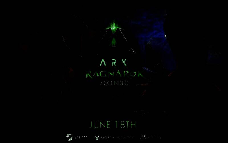 《方舟：生存飞升》仙境DLC主视觉图，展现火山、冰川与丛林交错的奇幻世界