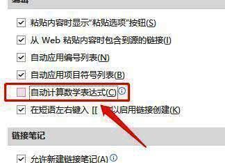 高级功能列表中的“自动计算数学表达式”选项已被取消勾选