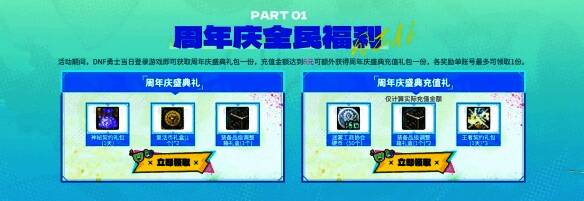 周年礼包领取界面示意图，展示多个可领取的礼包图标