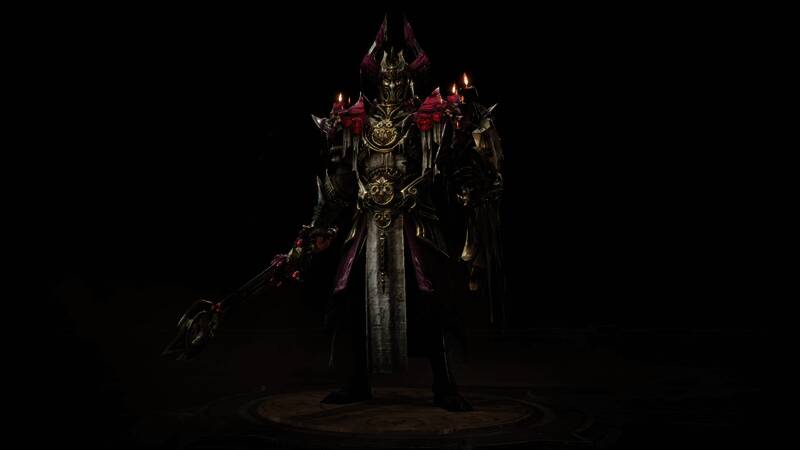 《暗黑破坏神：不朽》“寂言司祭”时装展示，暗紫与金灰配色，蜡烛与骨饰元素融入造型