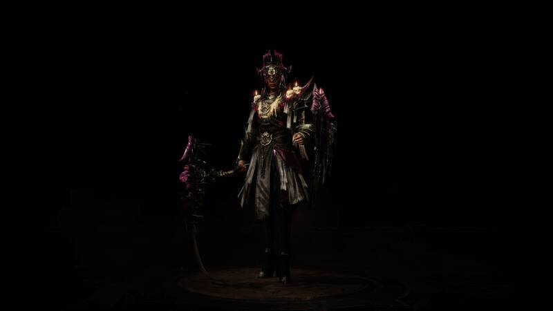 圣教军身披“寂言司祭”时装，手持燃烧盾牌与战锤，神圣而肃穆