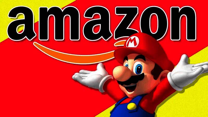 任天堂与亚马逊合作历史回顾画面，展示多款Switch游戏封面及亚马逊平台界面