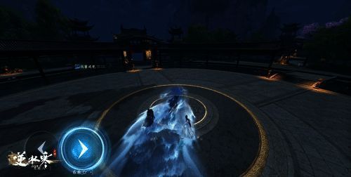 角色脚踏尺阙冲浪，身后拖出白色浪花，轻松穿越密集敌人阵列