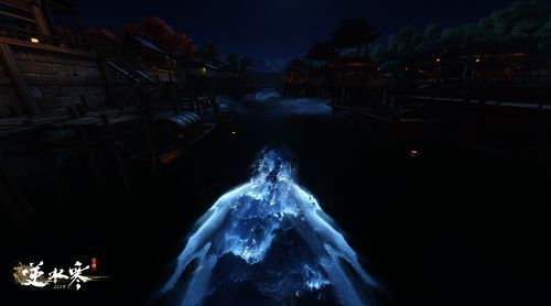 角色在大世界水域中高速滑行，尺阙与水面摩擦产生蓝色涟漪特效