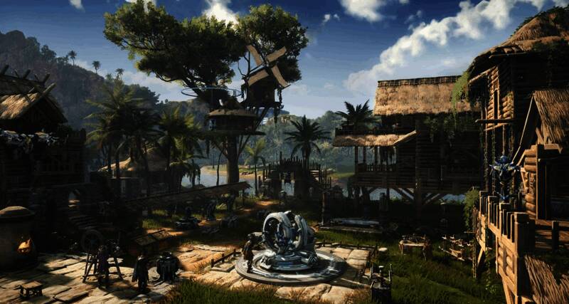 多个角色协同对抗巨型机械兽的激烈战斗场面