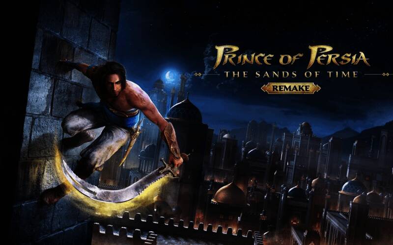 育碧官方发布的一张《波斯王子：时之砂重制版》游戏画面，主角身穿经典服饰，在时间流动中穿梭