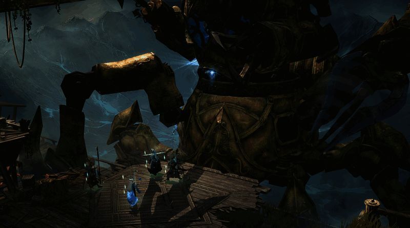 海岛地图全景图，可见港口、工坊、农田等设施分布，远处是波涛汹涌的海洋