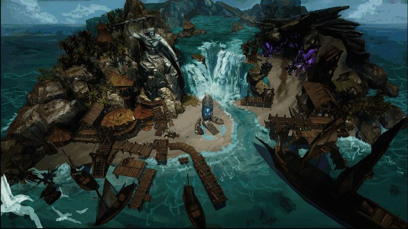 玩家在海岛中指挥商船队列航行，英雄们各自负责不同区域的资源产出