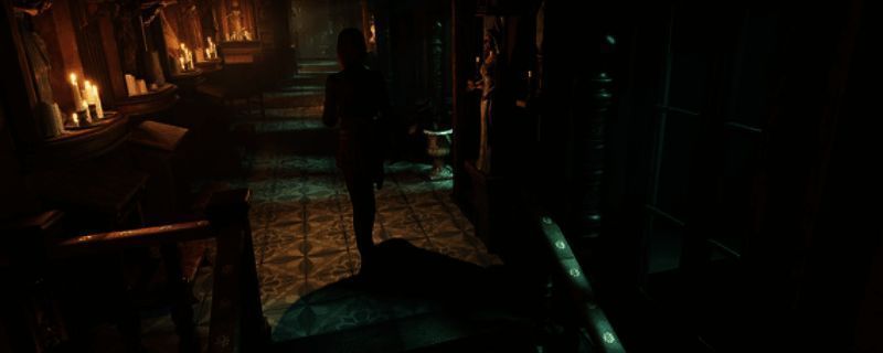 游戏主视觉图，昏暗场景中一名角色手持手电筒探索未知空间