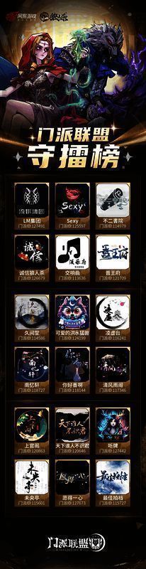 守擂门派名单展示，各门派标志鲜明，气势逼人