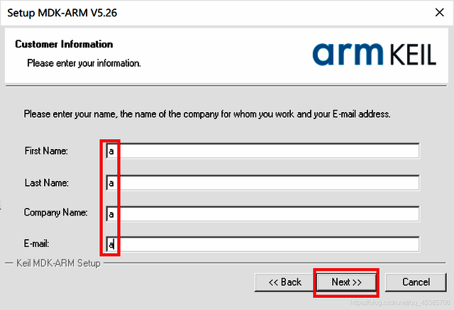 Keil5用户信息填写界面，包括姓名与公司名称输入框