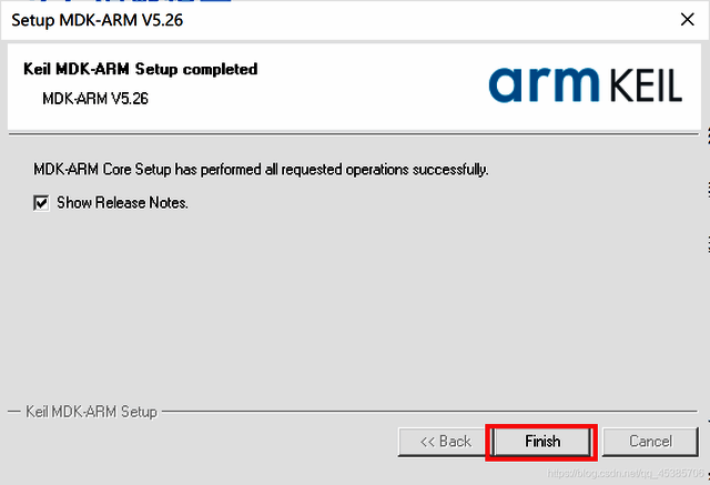 Keil5安装完成界面，提示点击Finish结束安装流程
