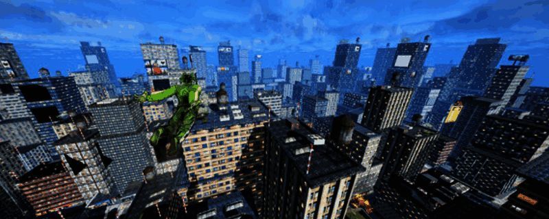 《超级英雄模拟器》游戏场景画面，城市上空飞行的超级英雄身影清晰可见，背景建筑群错落有致
