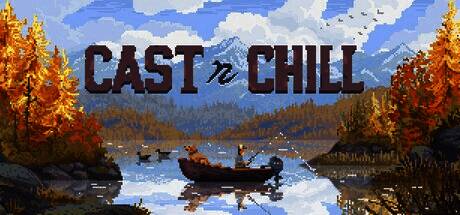 《Cast n Chill》钓鱼场景，玩家角色与小狗在湖边悠闲垂钓