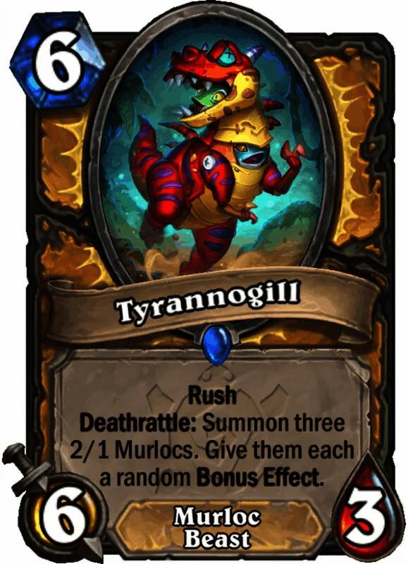 Tyrannogill卡牌详情图，展示亡语召唤与随机效果