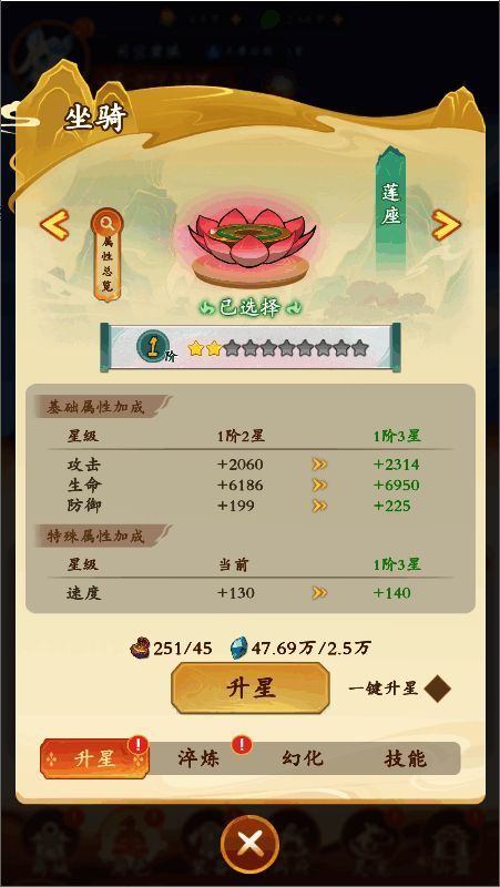 《潮英雄》坐骑属性加成界面，显示不同坐骑带来的战力提升