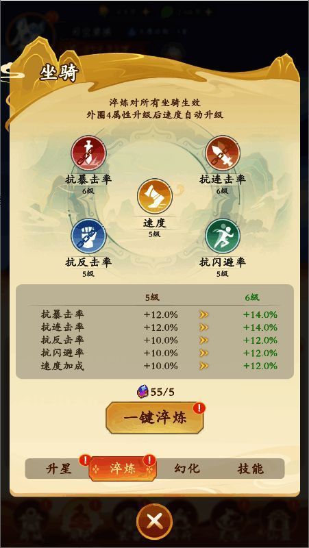 《潮英雄》坐骑培养界面，展示升星与淬炼两种强化方式的操作流程