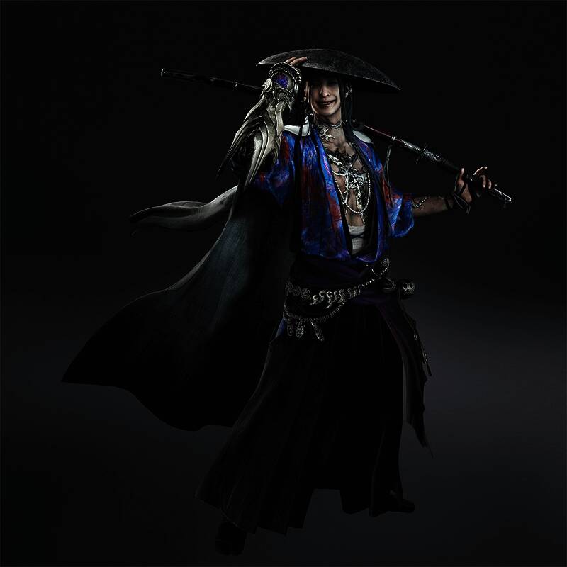 宫本武藏挥舞长剑，神情坚毅，身后是燃烧的战火背景