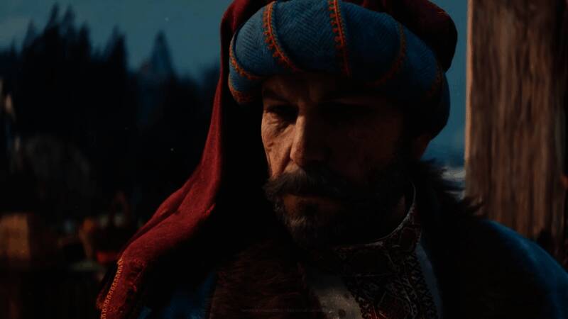 菲利普・韦伯在采访中谈论《巫师4》的开发思路，背景为游戏场景概念图