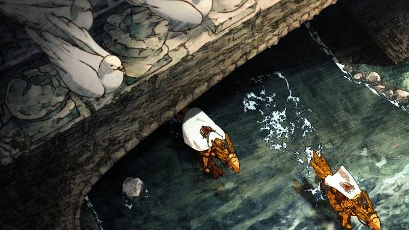 游戏剧情插画，角色兰萨与迪利塔并肩站立，背景是战火纷飞的城堡