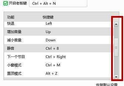 快捷键列表完整展示，包括播放控制、音量调节、画面切换等多种操作指令