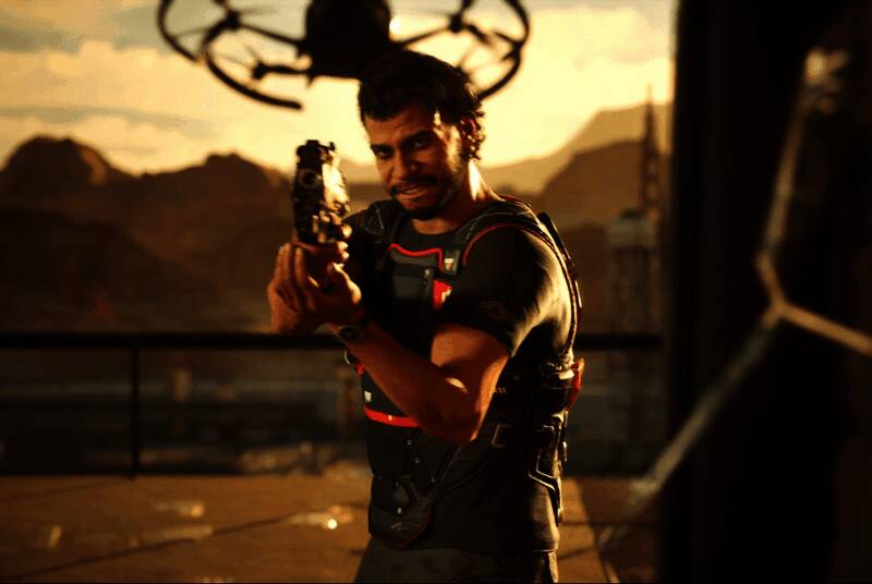 《心之眼》游戏画面，主角手持武器站在高楼边缘，背景为霓虹闪烁的城市夜景