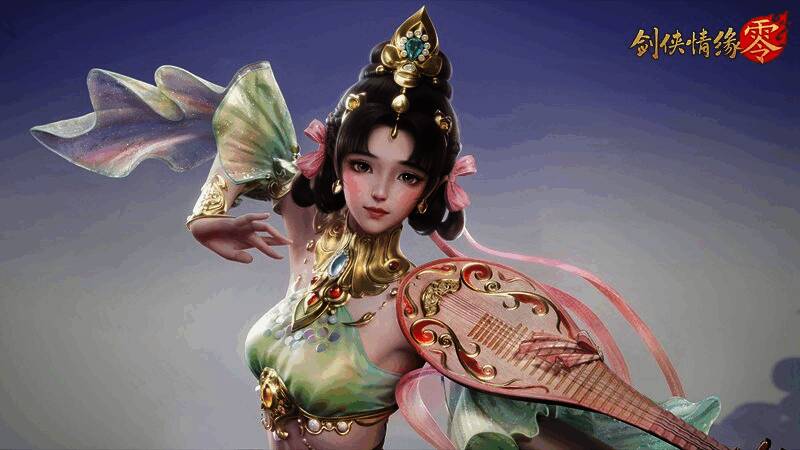 角色手持琵琶施展技能，周围环绕着华丽特效，展现出强大战力