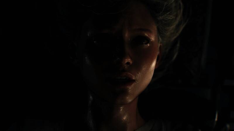 格蕾丝面部特写，汗水、眼神传达恐惧情绪