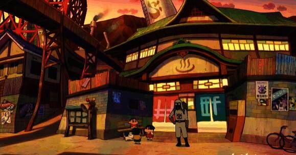 澡堂前场景图，人物排队进入洗浴设施