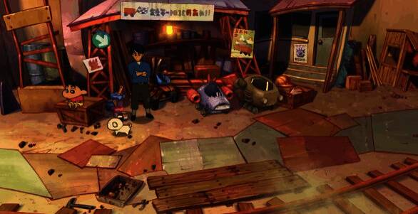 矿车商店前场景，货架上摆满各种商品，顾客正在挑选购买