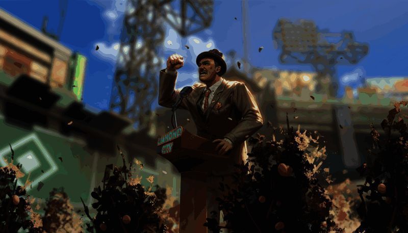 游戏宣传图展示麦唐纳身穿防护服，手持武器，背景为废土风格的城市景象