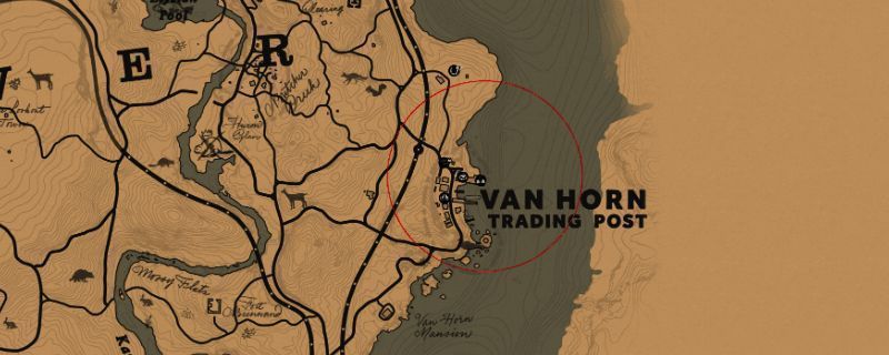 游戏中主角亚瑟·摩根手持武器，在范霍恩贸易站附近对居民实施抢劫