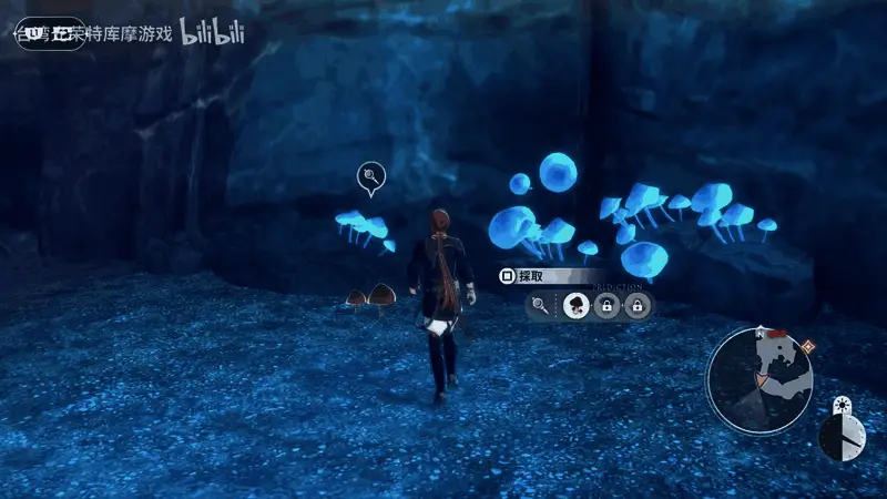 游戏场景展示，原野中角色进行探索的动态画面，背景风景辽阔自然