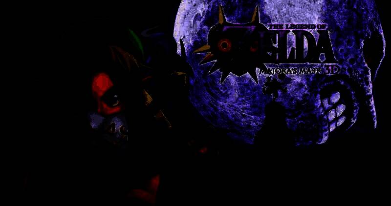 《塞尔达传说：魔吉拉的面具》游戏画面，角色林克戴着神秘面具，背景充满诡异氛围