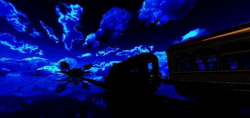 列车驶向远方的曙光，背景是巨大的宇宙飞船与星球表面