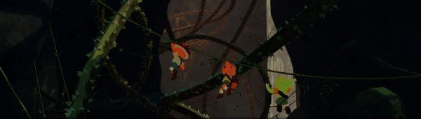 角色在悬崖边小心翼翼地攀爬，脚下是深不见底的峡谷