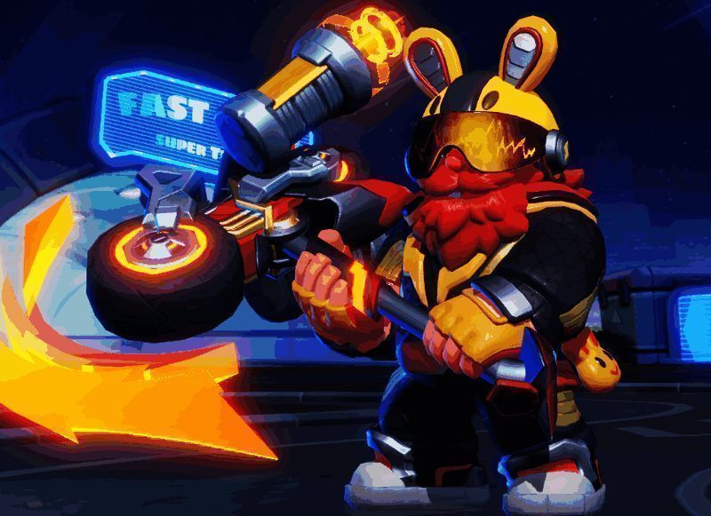 角色使用赛博风格机械斧，特效炫酷炸裂