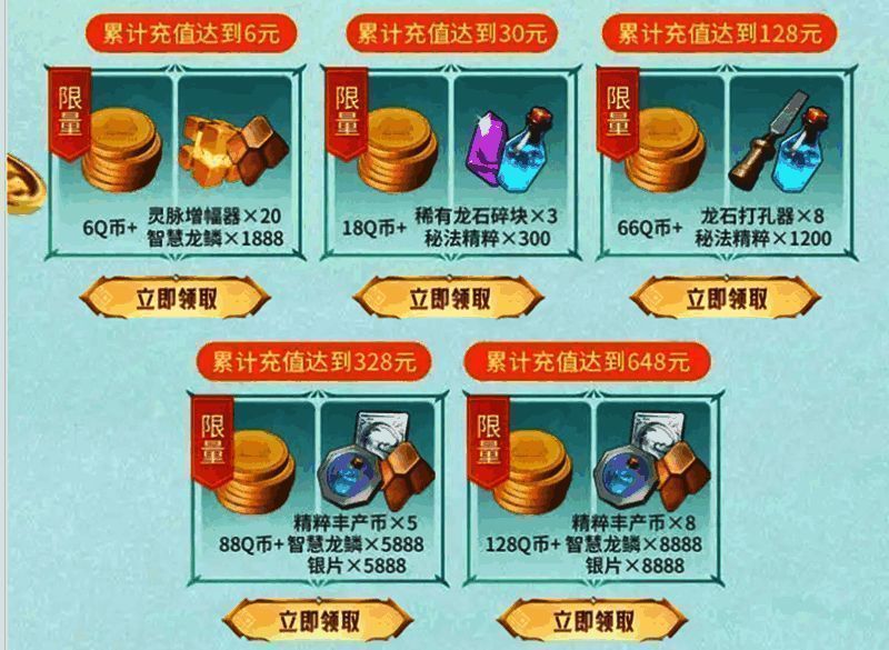 游戏内充值界面展示，不同档位对应不同返利额度