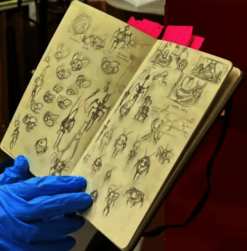 一张展示《空洞骑士：丝之歌》角色设计细节的概念图，线条细腻且充满神秘感