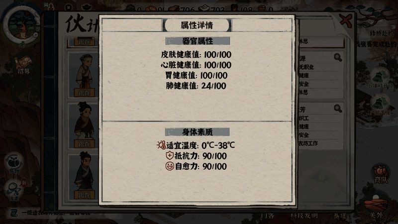 角色器官状态界面，显示各器官健康等级与受损提示