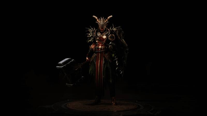 圣教军身披木质重甲，手握战锤，盾牌抵御地狱火焰，守护大地安宁