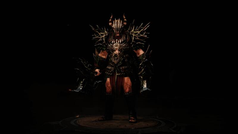 野蛮人身披自然战袍，手持断枝双斧，眼神坚定地凝视前方