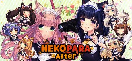 《NEKOPARA After》游戏画面展示猫娘草莓与时雨互动的温馨瞬间，背景柔和可爱