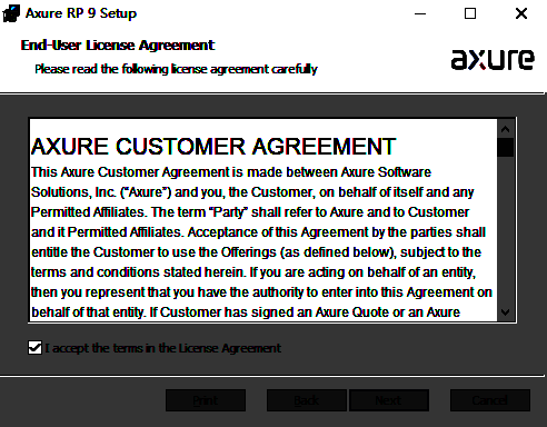 Axure安装过程中许可协议确认页面