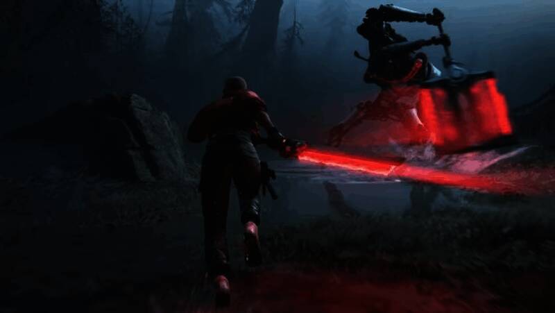 角色手持武器与巨型外星生物激烈交战，背景中可见破碎的建筑与粒子光效