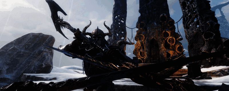 游戏画面展示庇护岛场景，卡拉多克手持武器站立于岩石之上