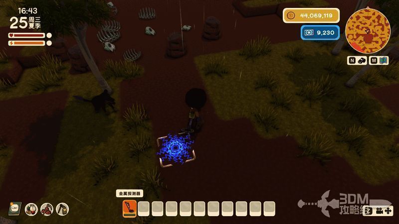 玩家手持金属探测器在地面上扫描，屏幕上显示信号强度变化