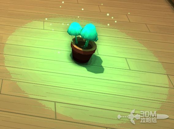 荧光蘑菇花盆特写，整体散发绿色微光