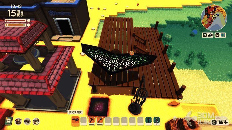 荧光滑翔翼展开效果图，翅膀散发着蓝紫色光辉