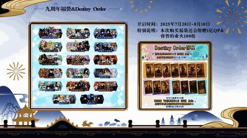 《FGO》九周年活动福利详情界面展示，包含福袋与召唤机制